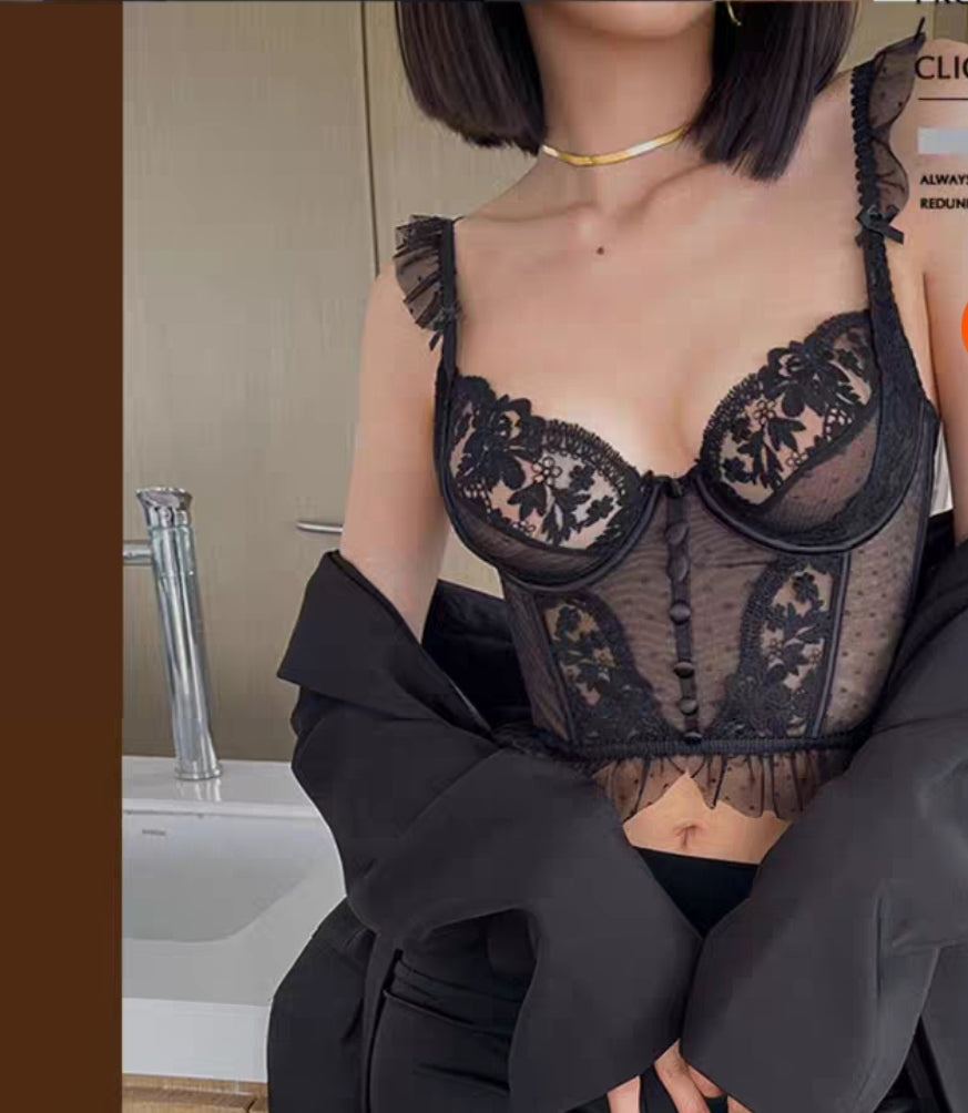 Model close up wearing Dearie Lingerie Girdle Embry Black