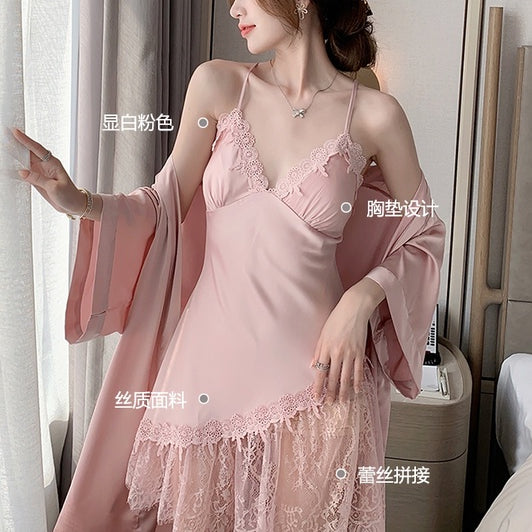 【睡衣 PAJAMAS】Mandy 法式蕾丝睡裙 Lace Sleeping Dress 两件套 冰丝吊带睡裙+冰丝睡袍