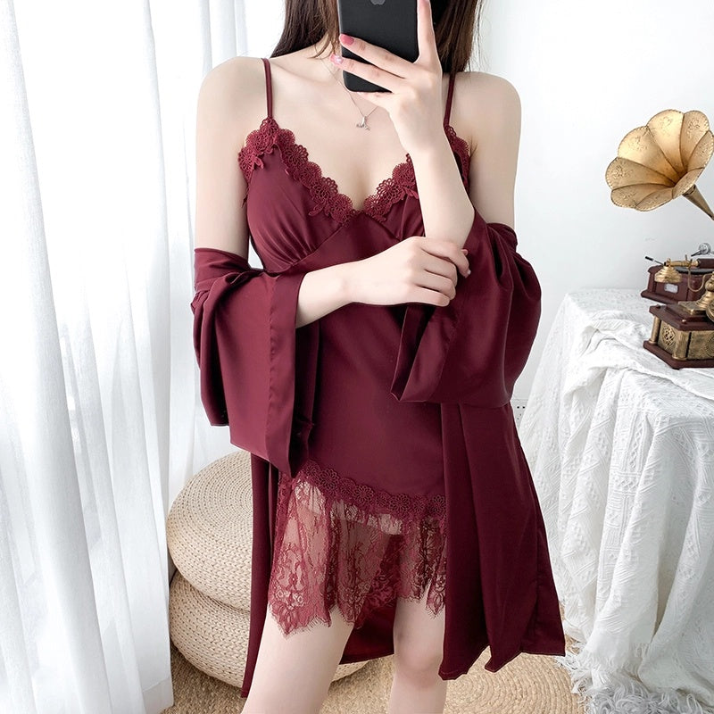 【睡衣 PAJAMAS】Mandy 法式蕾丝睡裙 Lace Sleeping Dress 两件套 冰丝吊带睡裙+冰丝睡袍